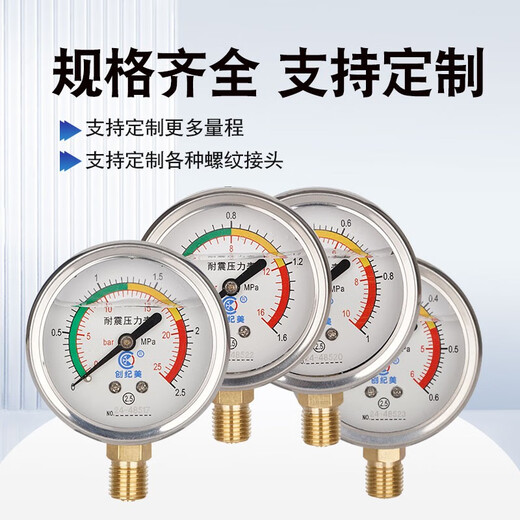 创纪美不锈钢耐震压力表y60径向防震充油真空水压气压油压液压M14/4分 耐震0-1.6mpa/螺纹M1416公斤