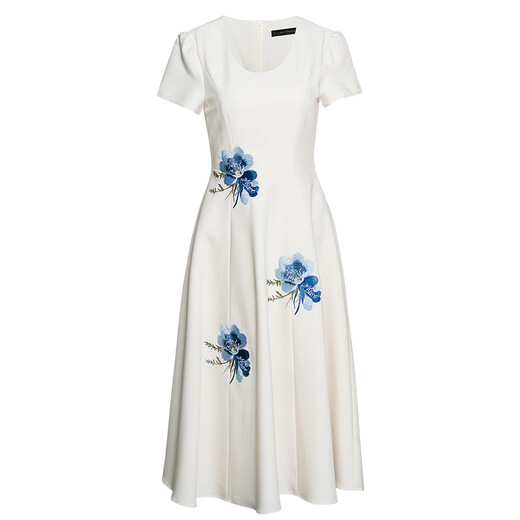 
ROEYSHOUSE new Chinese style embroidered dress for women 2025 summer new elegant round neck large hem skirt 12156 off white XL