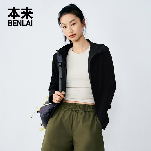 本来BENLAI女士速干夹克夏季新款轻薄运动休闲连帽短外套 黑色 L
