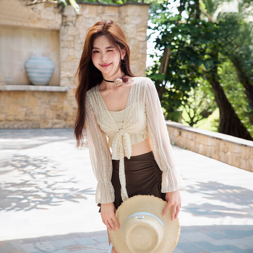 Yimeishan long-sleeved split swimsuit for women in hot springs 2025 new sun protection, high-end, flesh-covering and slimming seaside vacation beach skirt