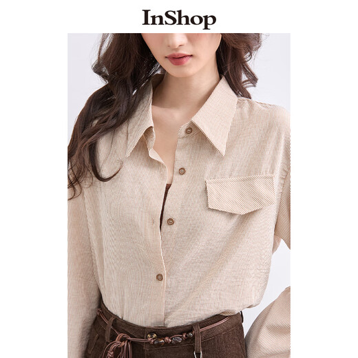 InShop mall same style new women's simple suspender top striped long-sleeved shirt contrasting color two-piece set Mocha strip L