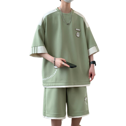 NJSKAKW夏季休闲运动套装男2024新款短袖短裤男士一套搭配帅气青少年衣服 691【套装】绿色 3XL 【150-165斤左右】