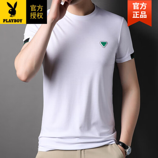 Playboy (PLAYBOY) brand ice silk cool short-sleeved T-shirt for men's new summer thin round neck loose casual solid color half-sleeved top 6995 Ha Qing M 170