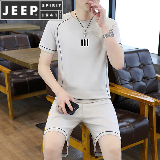 Jeep Spirit Summer à manches courtes à manches courtes short masculin à la mode pure Coton Fashion Casual Sports Basketball Fitness Two-Piece Set Xingyao Black L (90-114Jin [Jin est égal à 0,5 kg]))