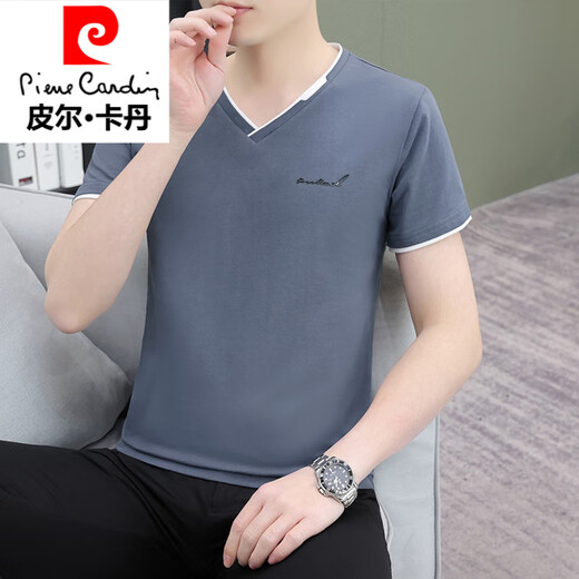 皮尔卡丹（pierre cardin）针男士鸡心领短袖t恤2025夏季新款百搭休闲潮流冰丝帅气T恤织 qy694深灰色 XL