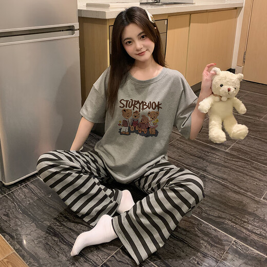 
Xiangyaxin short-sleeved trousers pure cotton pajamas for women in summer new casual and comfortable cartoon stripes for outdoor wear home clothes spring and autumn 826 cat M