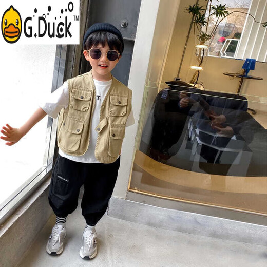 G.DUCKKIDS儿童装马甲男童秋装帅气韩版背心春秋款工装坎肩洋气马夹男孩外套 卡其色 120 cm