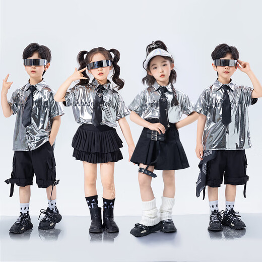 PORESNO Children's Technology Sense Show Vêtements 1er juin Dance Street Vêtements tendance fille Jazz Dance Boys Future Drumming Performance Vêtements Clain à manches courtes: A694 Silver Bright Leather Top + B266 Black 5 110cm toutes taille