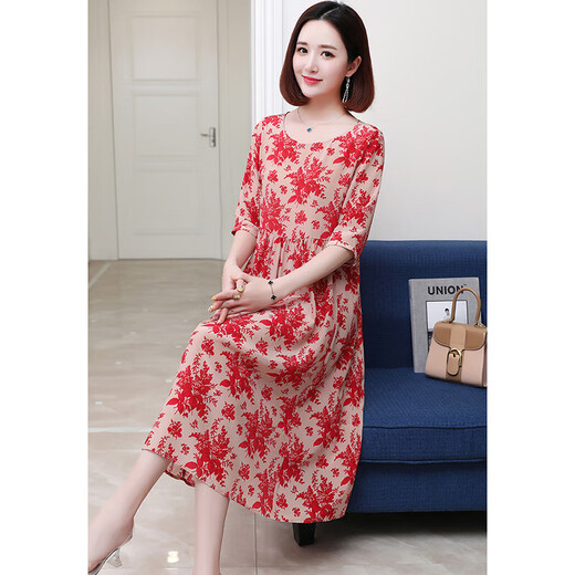 OLJ High-End-Marke Seidenkleid für Frauen 2025 Sommer Neuer Modependler Blumenrunde Hals Maulbeer-Seidenrock Grün L.
