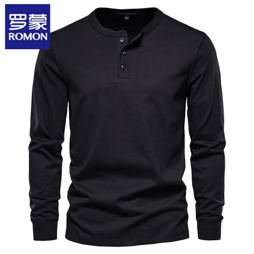 ROMON long-sleeved t-shirt for men, pure cotton, heavyweight army green henley shirt, American autumn and winter round neck open collar top for men, black M (weight recommended 130-145Jin Jin equals 0.5kg)