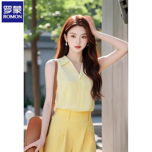 Romon High-End Little Dufts Sommeranzug für Frauen mit einem vollständigen Satz fähiger Temperament weiblicher Temperament weiblicher Dopamin C213# [Gelb zwei Teiler] m Vorschläge [100-110]