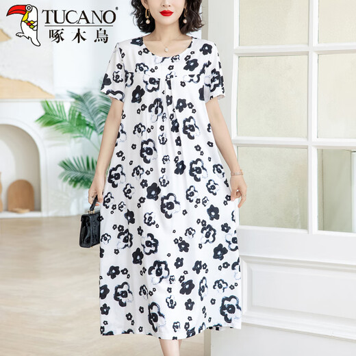 Der neue Sommer-Seidenkleid von Woodpecker, große sammelige, lose Baumwollkleid für Frauen, mittlere und ältere Frauenkleidung, Blumenstil, Bauch, M Mom, 9922 Modell Nr. 28 2xl (Empfohlen 120 Jin [Jin gleich 0,5 kg] -135 Jin [Jin gleich 0,5 kg]))