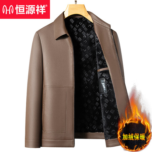Hengyuanxiang Dad Leather Jacket Men's 2025 New Autumn and Winter Lapel Business Casual Velvet Leather Jacket for Middle-aged and Elderly Men Black Lapel Thin L 175 Suitable for 110-125 Jin Jin equals 0.5 kg