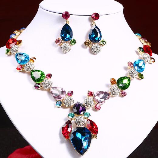 Yadige European and American fashion jewelry set chain temperament versatile rhinestone gemstone necklace earrings set women's dress banquet accessories green