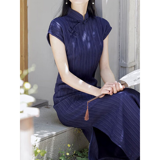 Yuyaman cheongsam, new Chinese style women's clothing, sexy improved mother's dress, long skirt, retro Republic of China style etiquette photo shoot, cheongsam, navy blue M, about 110