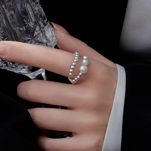 S925 silver beaded ring for women French retro niche light luxury beads open-mouth ring adjustable index finger ring RS1047 silver 925 silver