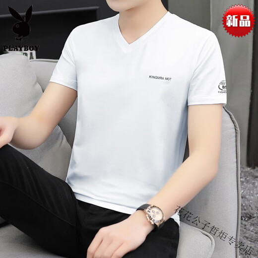 
Playboy (PLAYBOY) summer high-quality pure cotton short-sleeved T-shirt men's blouse v-neck trendy fashion new half-sleeved thin men's body shirt high-end brand-white Q693-high-end brand M 90-100Jin[Jin equals 0.5 kg]
