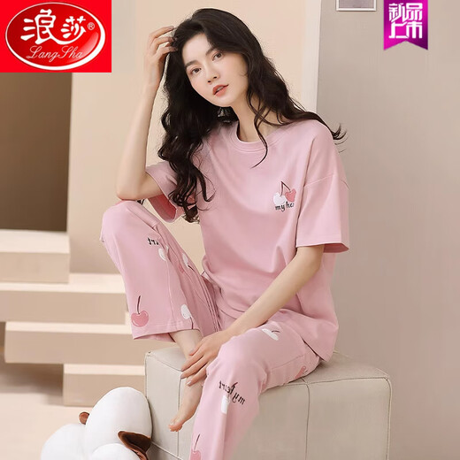 
LangSha (LangSha) can be installed pajamas for women in summer pure cotton short-sleeved trousers thin cartoon casual can be worn outside home clothes two-piece set YS679 L