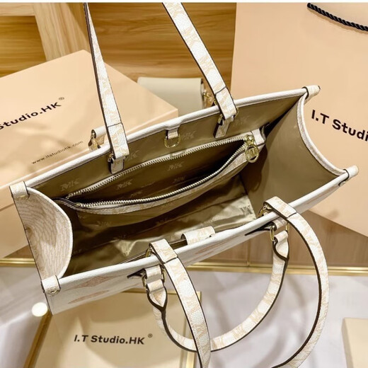 KMKG新款真皮托特包大容量手提单肩女包通勤时尚2024 米白色