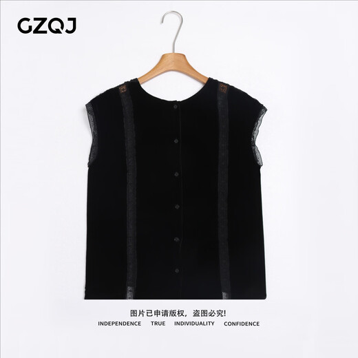 GZQJ【华尔兹】桑蚕丝t恤女2025新款真丝丝绒polo衫圆领吊带上衣4839 黑色 S 36 建议80-105斤