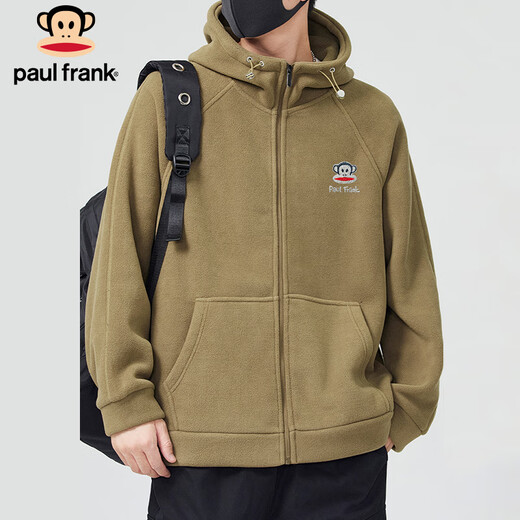 Paul Frank Jacket Men's Autumn and Winter Trendy Double-sided Velvet Hooded Jacket Men's Polar Fleece Warm Men's Khaki XL