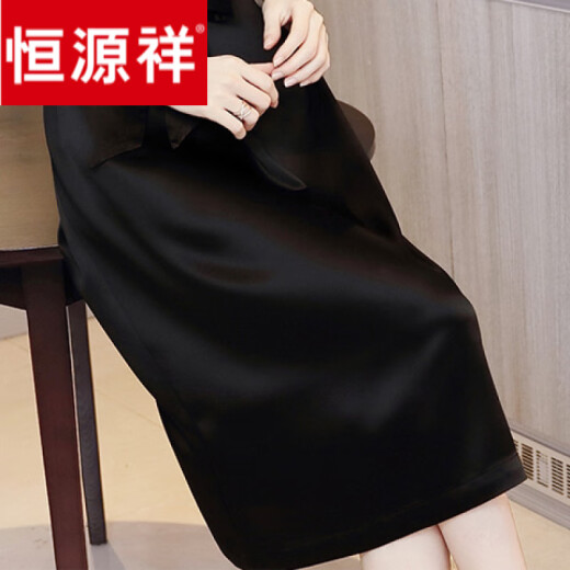 恒源祥2025夏季新款法式收腰显瘦黑色长裙高端气质缎面短袖真丝连衣裙女 黑色 L 120-130斤
