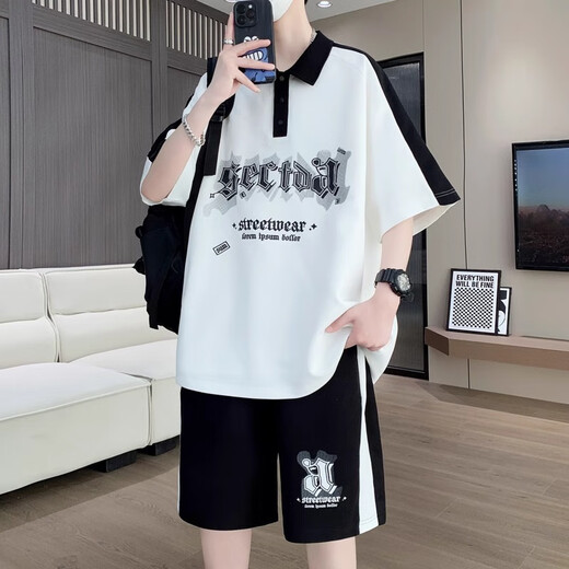 歌古森夏季薄短袖t恤男孩12-16岁青少年初中学生帅气大童潮流休闲套装潮 6629黑色（短袖+短裤） 4XL 175-190斤左右