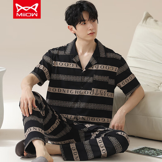 Catman MIIOW men's pajamas summer pure cotton short-sleeved trousers spring and summer thin simple large-size cardigan home clothing set:An693 L men
