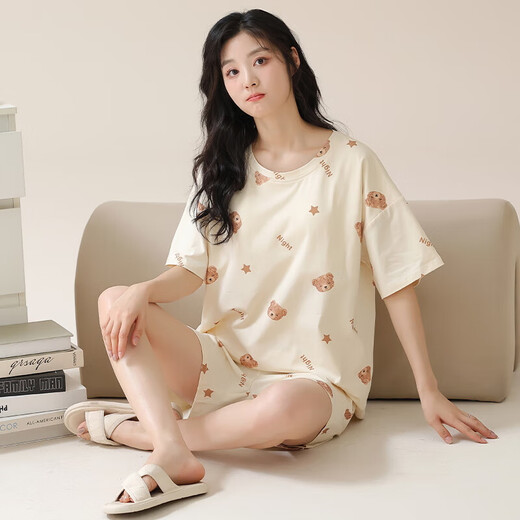 Pure Cotton Pajama с грудной подушкой для женщин летом 2025 г. Новый летний круглый круглые шорты с коротким рукавом набор домашней одежды Z1343 XL