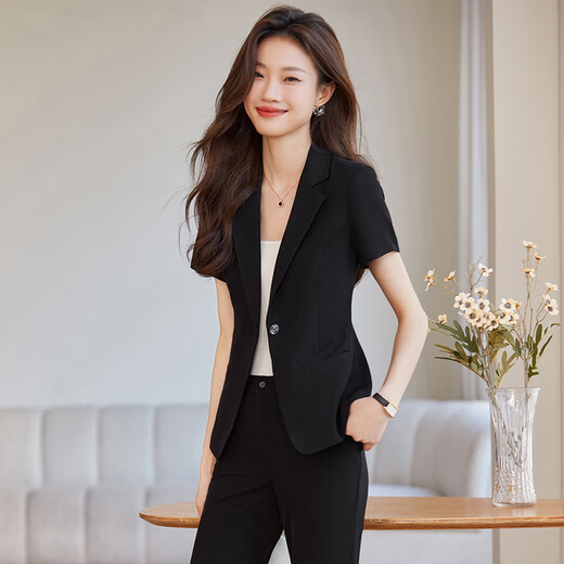 FHHUABD灰色短袖西装外套女2025夏季新款正式场合职业装短款时尚西服套装 9928灰色西装 S