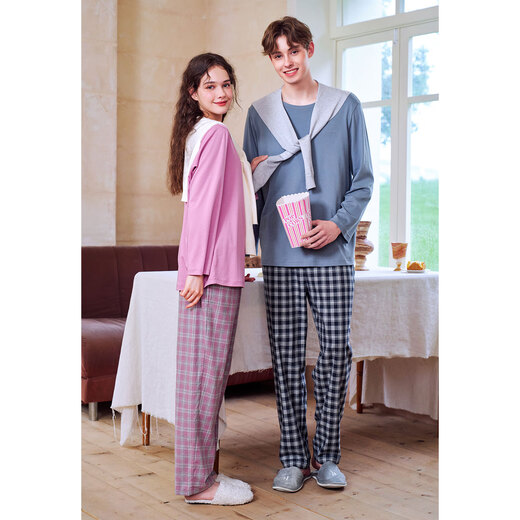 American Standard New Long Sleeve Couples Pure Cotton Pajamas for Women Spring and Autumn Simple Casual Plaid Cotton Wearable Outerwear Home Clothing Suit for Men Edelweiss Blue 3XL