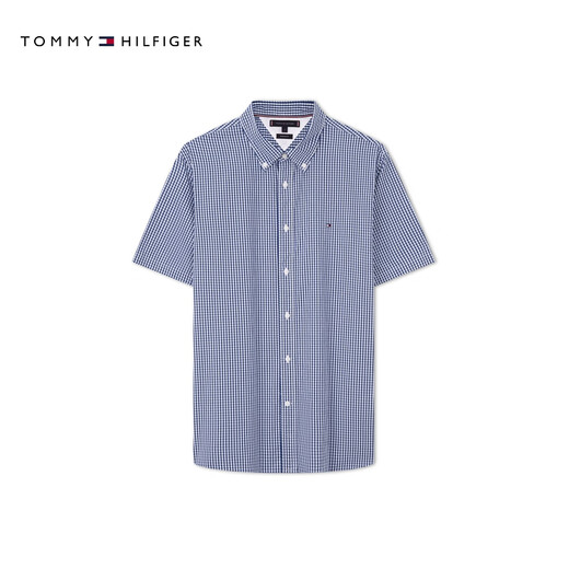 TOMMY HILFIGER【透气府绸】夏季男纯棉商务休闲格子短袖衬衣衬衫男外套35440 蓝白格纹C5J M （推荐：135-150斤）