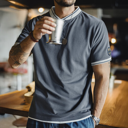 Madden Workwear American Retro Baseball Collar Henley T-Shirt Men's Heavy Cotton Right Shoulder Short Sleeve Clothes Men's Summer Lava Gray Men's New Style/Light Luxury High-end L