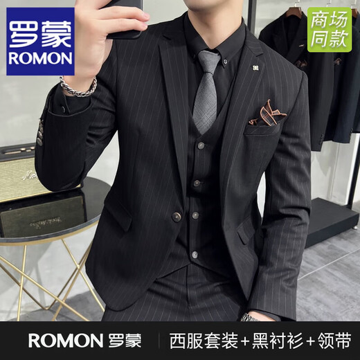 ROMON Striped Suit Men's Suit Business Casual Professional Interview Slim Formal Men's Suit Black Groom Wedding Suit 961 Black (suit + trousers) + black shirt and tie 4XL (recommended 155-165 Jin Jin equals 0.5 kg)
