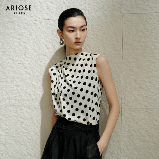 Ainos Essi [gleicher Stil im Einkaufszentrum] 2025 Sommer neues Produkt Mulberry Seiden Halbschildkröte Kragen Polka Punkt Französisch Seidenhemd für Frauen 40615081 Meter Bottom Black Dot M.