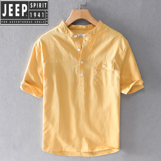 JEEP SPIRIT夏季男装休闲棉麻短袖T恤衫小立领宽松薄款透气亚麻白色上衣服潮 黄色 S