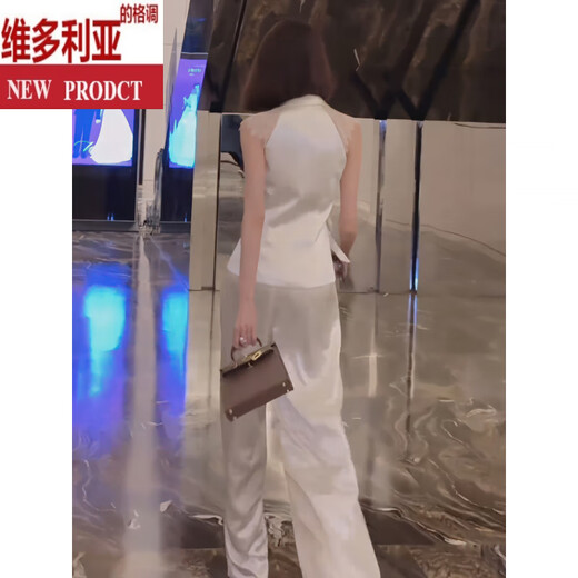 维多利亚的格调法式气质时尚套装女夏季2025新款感蕾丝拼接马甲阔腿裤两件套 杏色套装 S 建议80-100斤