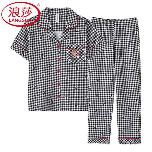 
LangSha Summer Pure Cotton Pajamas Women's New Year Short Sleeve Trousers Thin Plaid Full Cotton Summer Mom Home Suit PT-9923 M - Recommended 80-95Jin [Jin equals 0.5 kg]