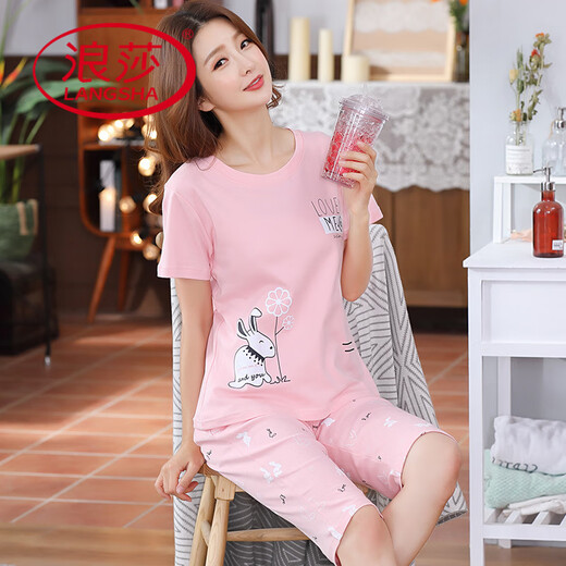 浪莎（LangSha）纯棉睡衣女七分裤夏季套短袖七分裤套装休闲春夏可外穿家居服 短袖七分裤：6624 M 建议70-95斤穿