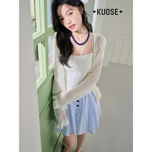 Breite Farbe (Kuose) Grüner kurz gestrickter Pullover-Strickjacken dünner Mantel 2025 Sommer Neue Frauen langärmelte Top Bluse Weiße Off-weiße 5004 s