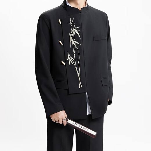 Mr. Lu's New Chinese Style Men's Dress for Engagement Irregular Suit Suit Chinese Style Stand Collar Golden Bamboo Embroidery Mao Suit Black (Suit/T01 White T/Trousers) XL