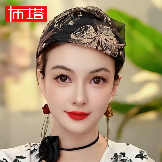 PTAH heavyweight silk mulberry silk embroidery handmade half hat to cover white hair, widened headband, western style retro versatile headband hat, black gold embroidery