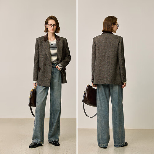 LILY2025 new winter style wool retro Maillard colorful dot velvet waist temperament commuter suit jacket for women 710 coffee M