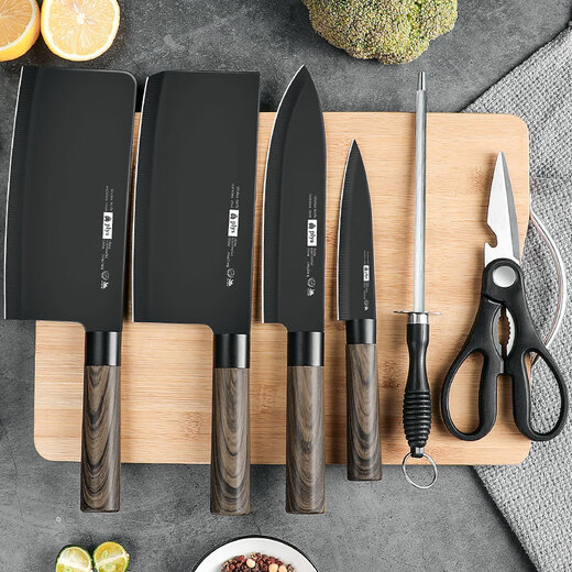 Fat Donglai Fat Donglai's same style complete set of stainless steel kitchen knives for household use sharp kitchen knife bone chopping knife chef's special slicing knife kitchen Zhizunya black belt knife holder 7-piece luxury kitchen set Zhizun