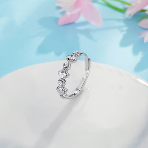 Laomiao pt50 platinum small lucky imitation diamond four-leaf clover women's ring open mouth ring women's birthday gift for girlfriend, about 3.19g