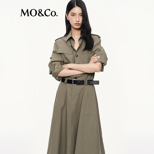 MO /CO. [C+ Serie] Kleid 2025 Herbst Neues Produkt Wash Wasser Baumwoll -Werkzeugrock mit Gürtel MBE3DRS007 Olivengrün S /160