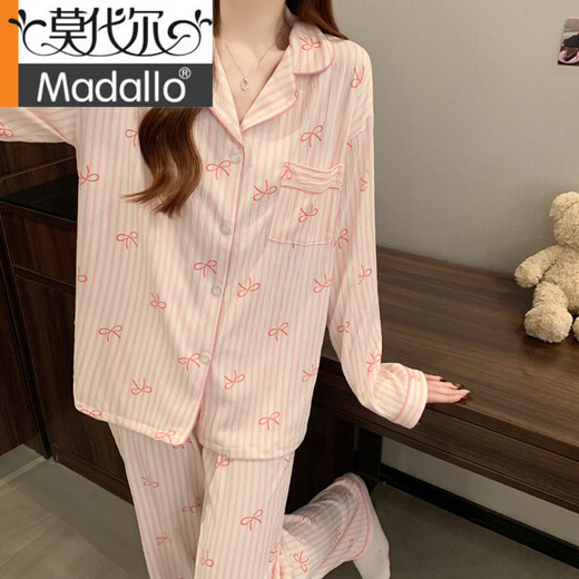 莫代尔甜美条纹ins韩系蝴蝶结印花夏季新款皱布睡衣女家居服短袖三件套 套KK3523# M 【建议80-100斤】