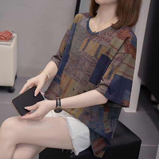 以纯（YISHion）加大码遮肚子显瘦上衣女2025夏装新款胖mm休闲宽松纯棉短袖t恤女 6627蓝色 M 80-95左右