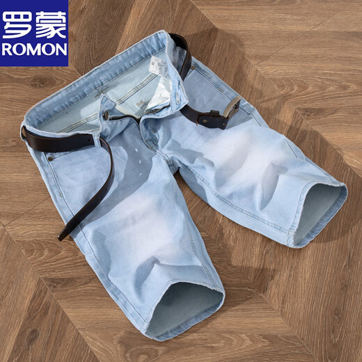 
Lomon summer thin men's slim blue and white denim shorts men's grinding white 5-point pants mid-trousers breeches jeans trend 9921-5 retro blue 28
