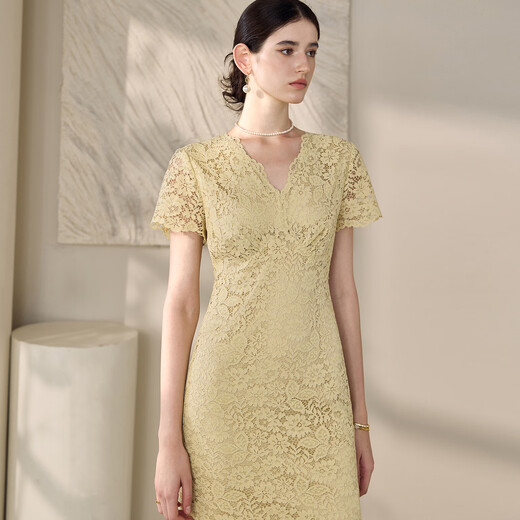ROEYSHOUSE French lace V-neck yellow dress for women 2025 summer new elegant slim hip skirt 12178 yellow XL
